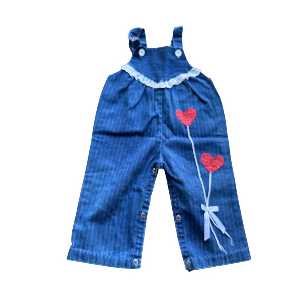Vintage Nannekins by Nannette Girls White Shirt Blue Overalls Heart Set Large